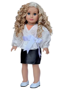 Rebel Glam - 4 Piece Outfit for 18 Inch Doll - Ivory Blouse, Black Leather Skirt, White Shoes and Silver Necklace - 18 Inch Doll Clothes ( Doll Not Included)