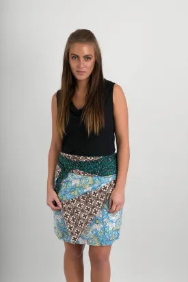 Reversible Cotton Skirt Blue Floral Brown Grey Cross Print Green Print Belt with Detachable Pocket