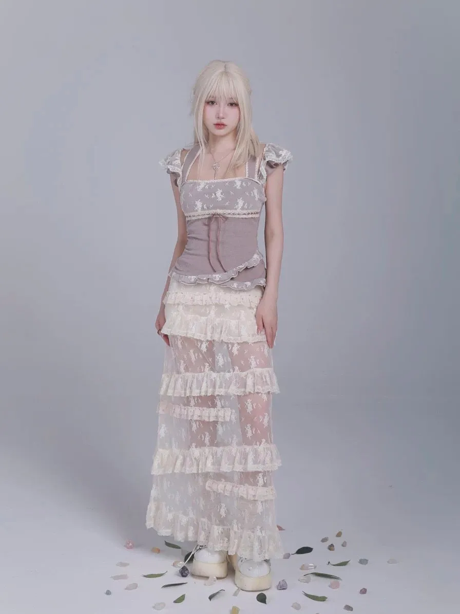 Rose Island AW24 Elf Guardian - Elf in mist lace midi skirt with inner shorts