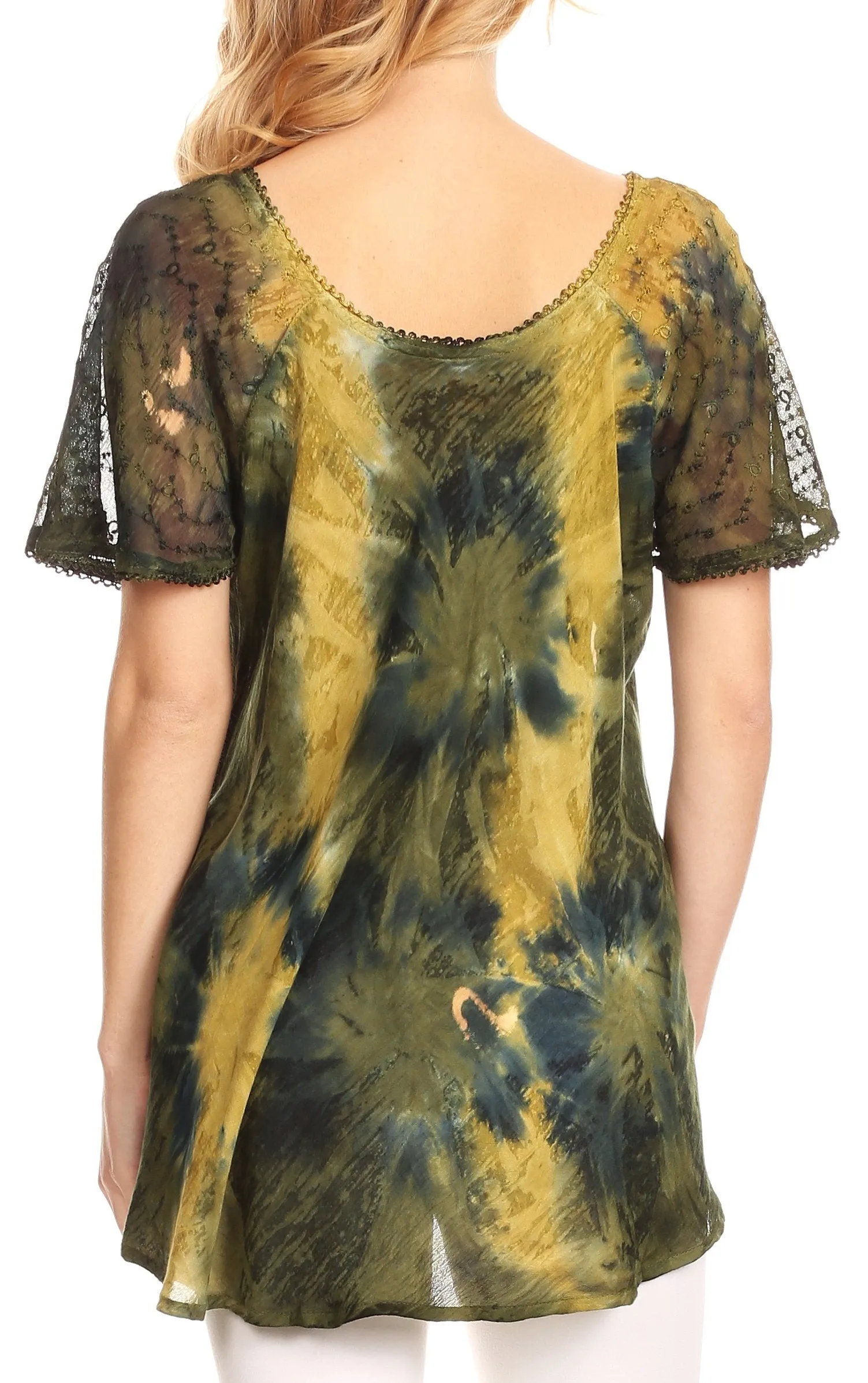 Sakkas Juniper Short Sleeve Lace Up Tie Dye Blouse with Sequins and Embroidery