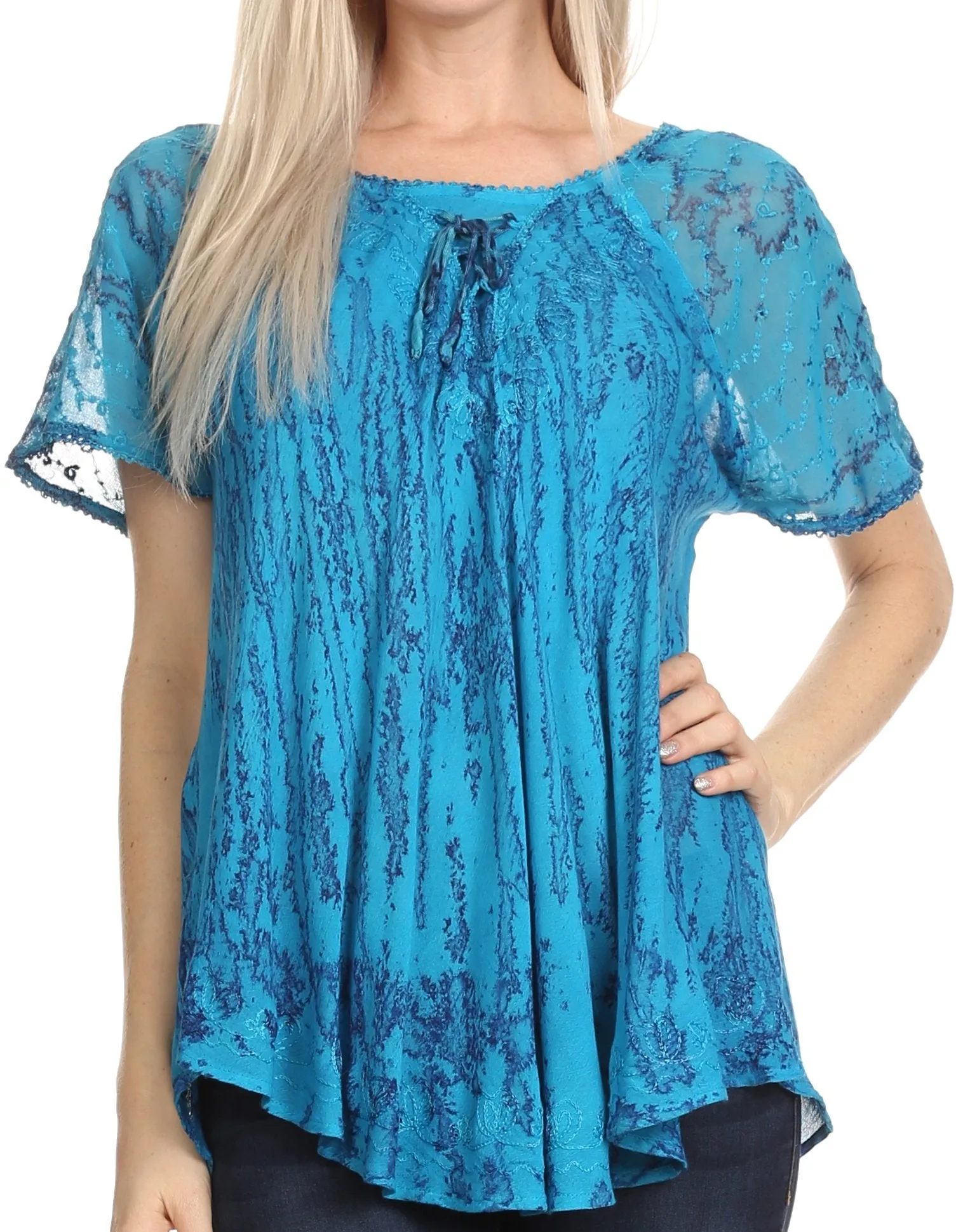 Sakkas Zoya Marbled Embroidery  Cap Sleeves Blouse / Top