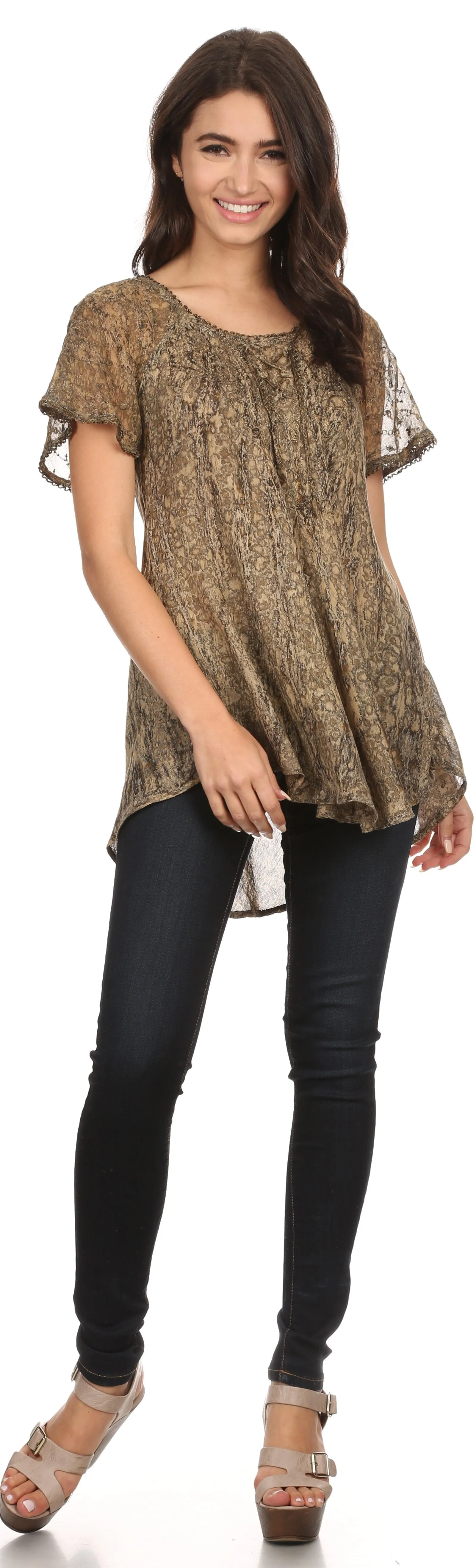 Sakkas Zoya Marbled Embroidery  Cap Sleeves Blouse / Top