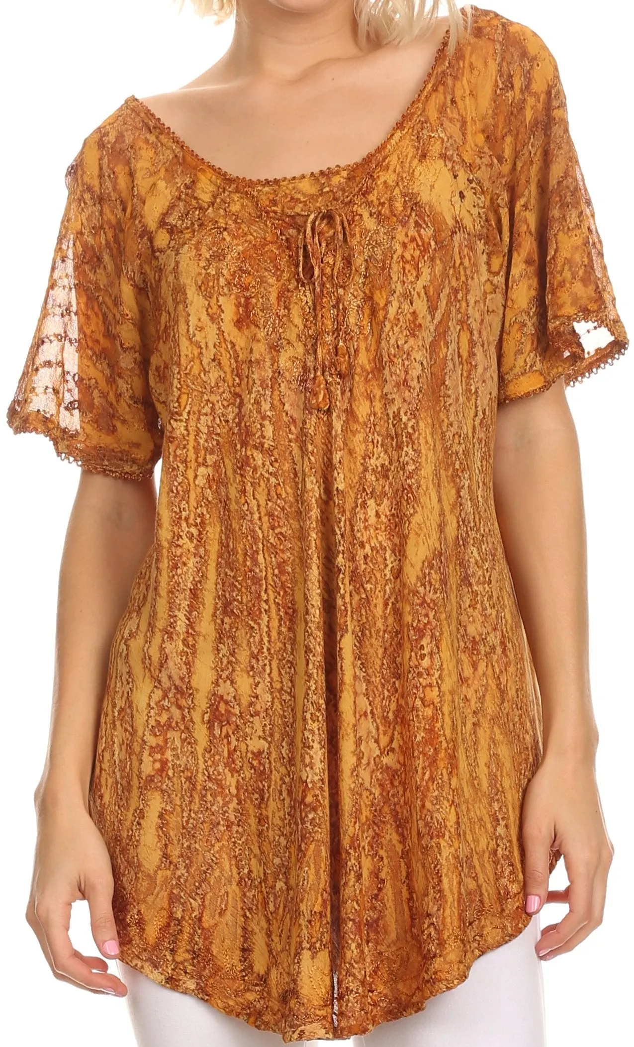 Sakkas Zoya Marbled Embroidery  Cap Sleeves Blouse / Top