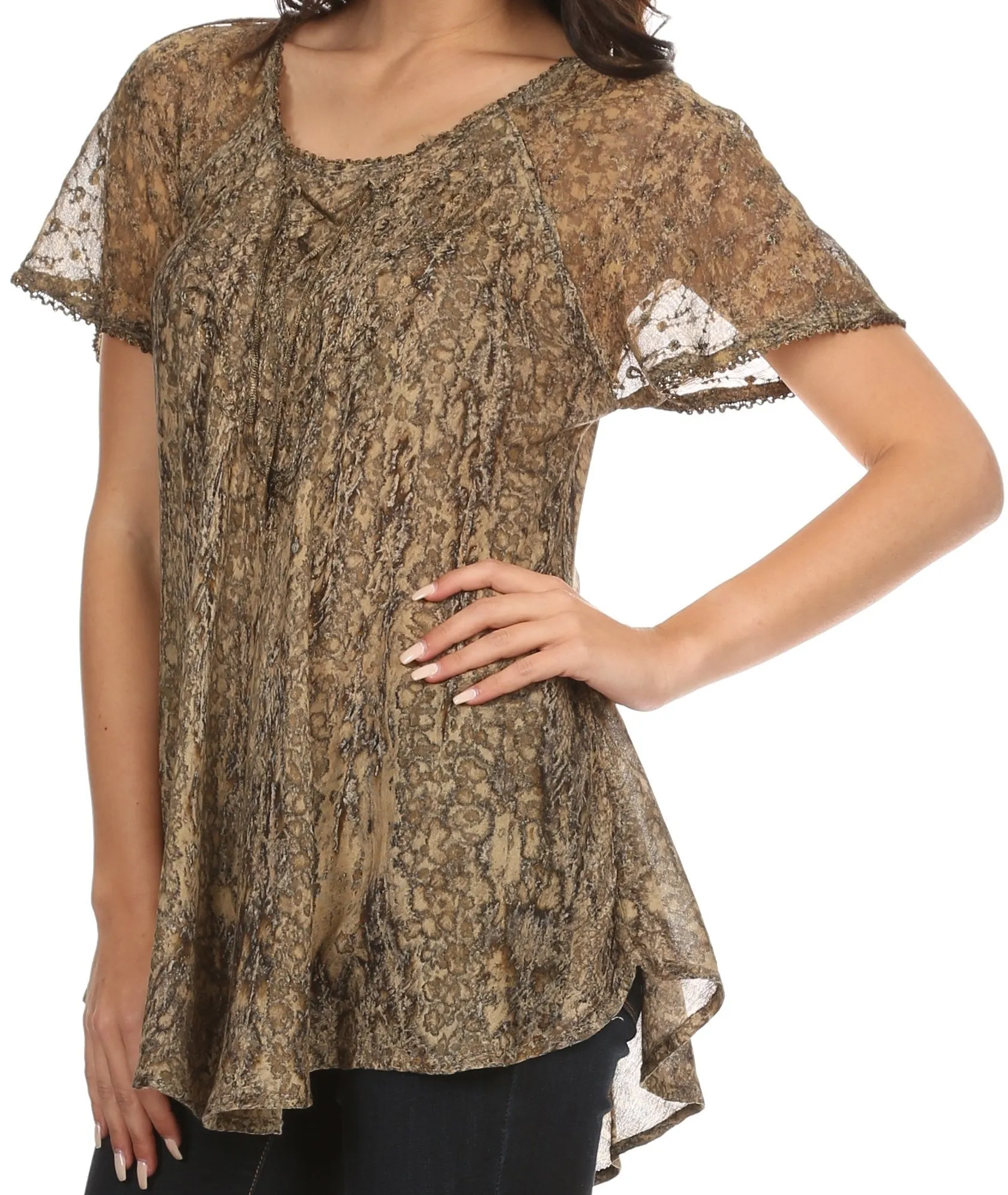 Sakkas Zoya Marbled Embroidery  Cap Sleeves Blouse / Top