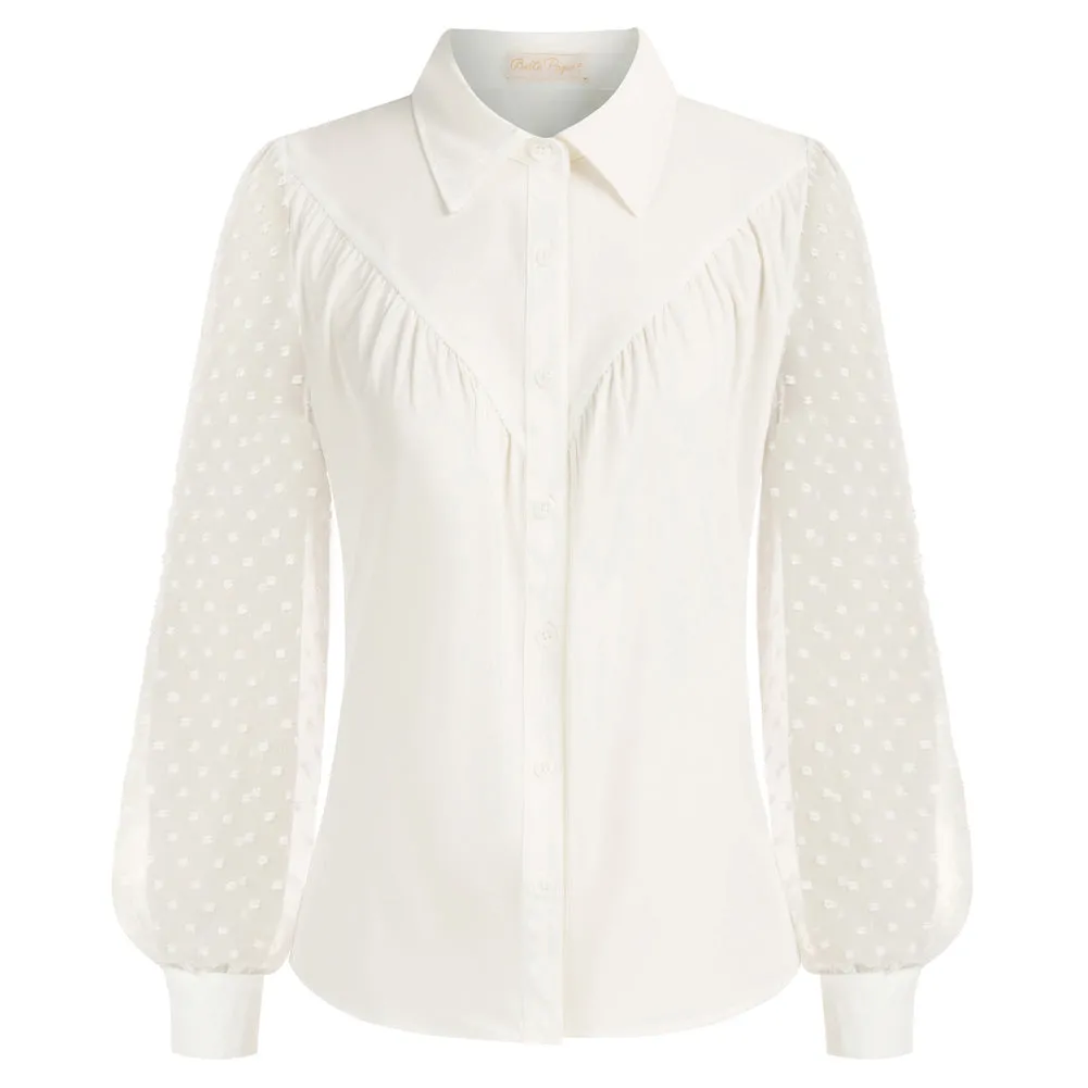 Seckill Offer⌛Vintage Point Collar Shirt Loose Fit Lace Long Sleeve Button-up Blouse Tops