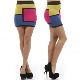 Skirt Color Block Mini Stretch Knit Mod Pink Yellow Blue Sexy Square