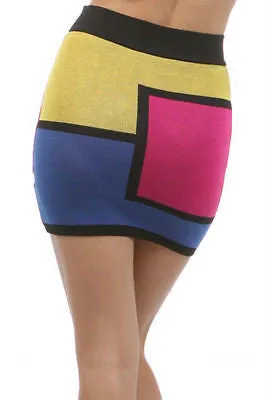 Skirt Color Block Mini Stretch Knit Mod Pink Yellow Blue Sexy Square