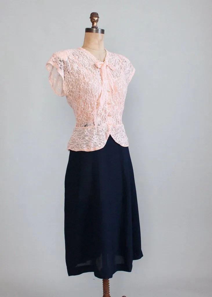 Vintage 1940s Pink Lace and Navy Rayon Dress