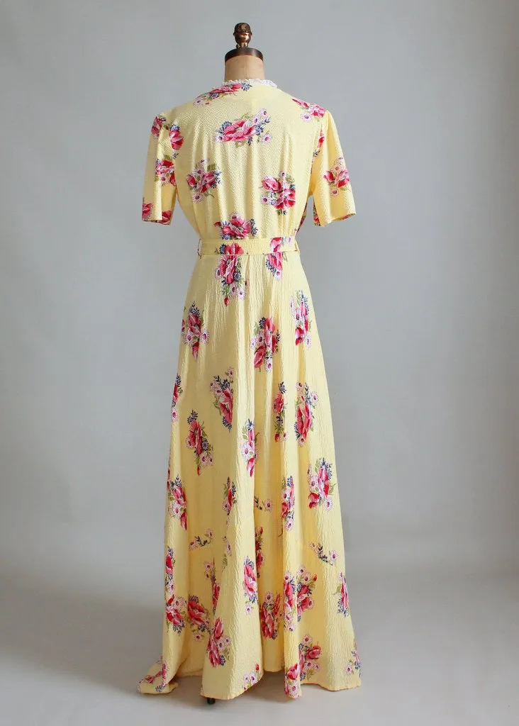 Vintage 1940s Yellow Cotton and Lace Floral House Dress