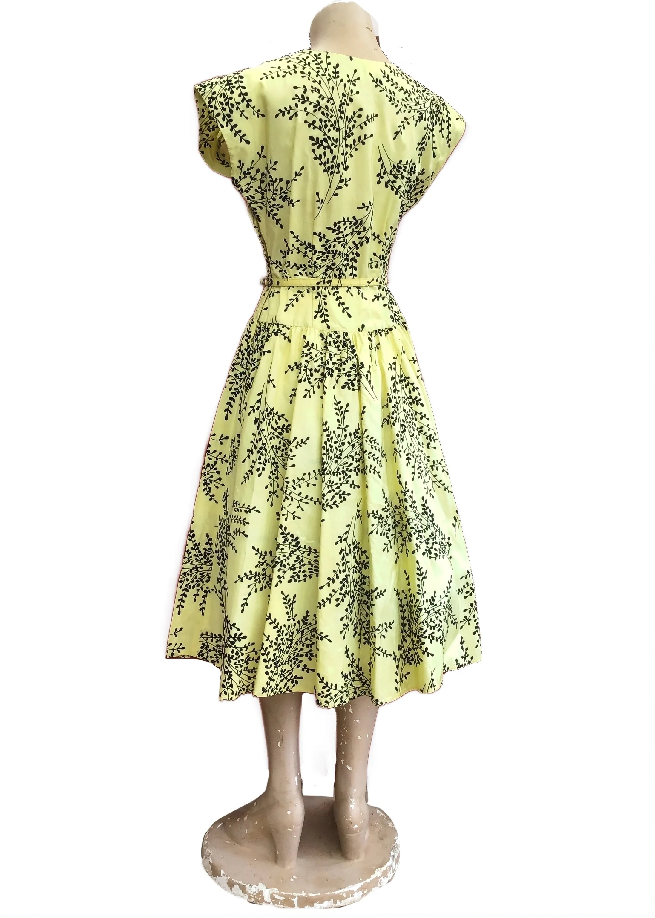 Vintage 1950s Primrose Yellow Black Flocked Cocktail Dress