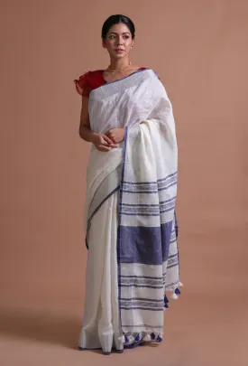 White & Blue Color Cotton Linen Saree With Unstitched Blouse