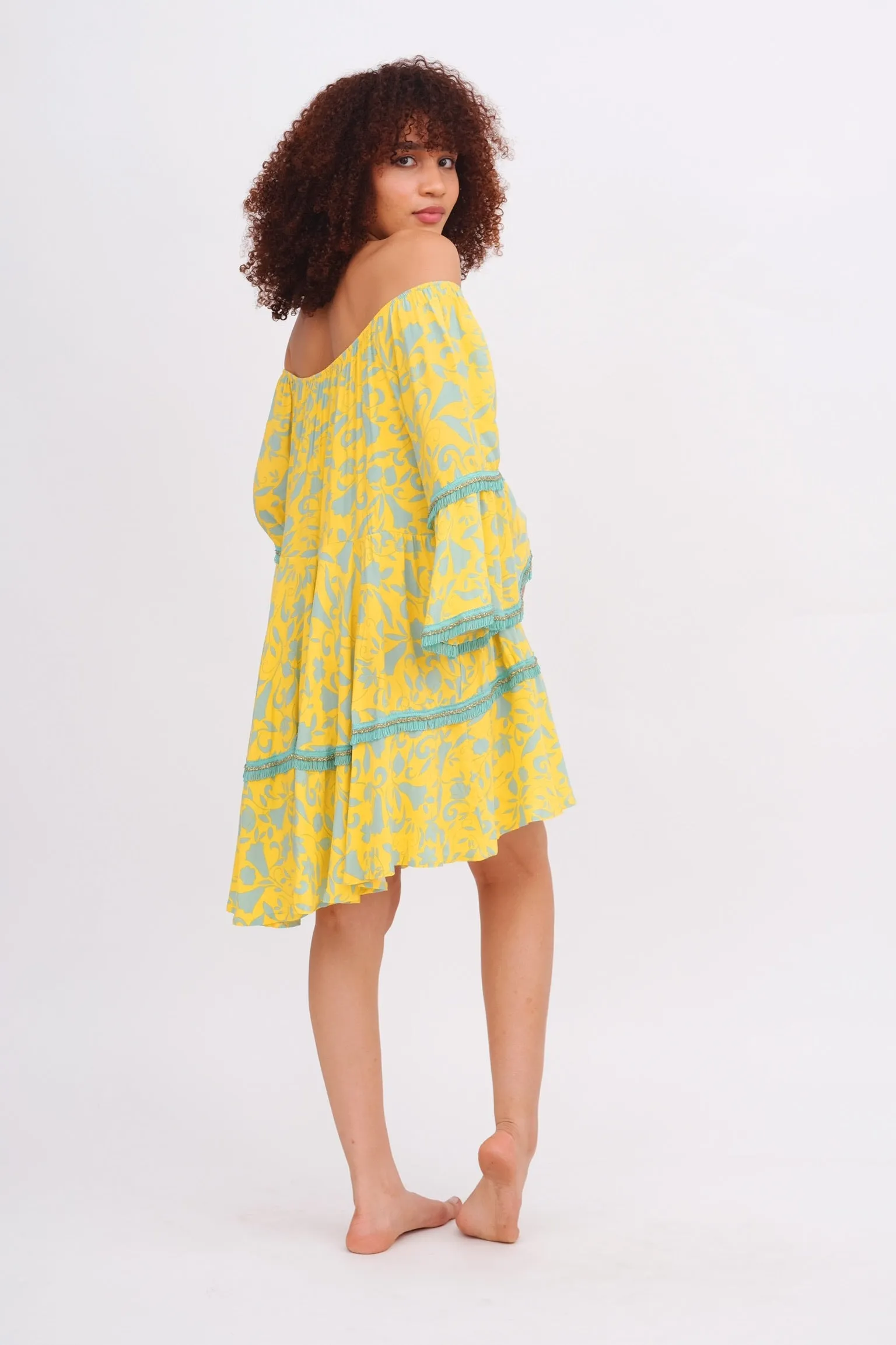 Yellow & Aqua Off the Shoulder Dress